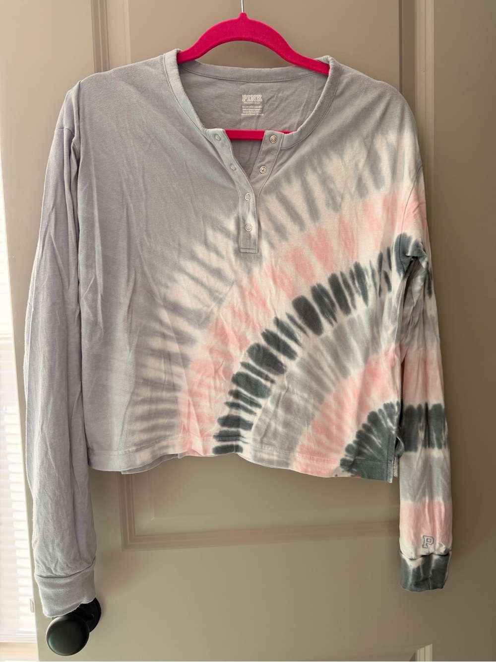 PINK Victoria's Secret Pink & Gray Tie-Dye Long Sleeve Henley